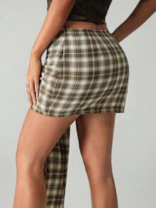 SHEIN ICON Women's Summer Fashion Daily Street Casual Plaid Print Pleated Twist Waist Mini Bodycon Skirt - Khaki - View 3