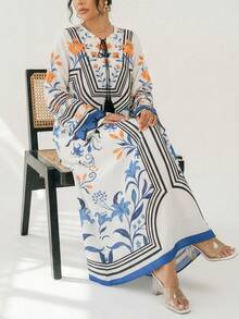 Yasmyna Women's Floral Print Tassel Tie Neck Long Sleeve Loose Arabic Style Dress Kaftan Jalabiya Dress Caftan Dress Mediterranean Style Clothes - Multicolor - View 4