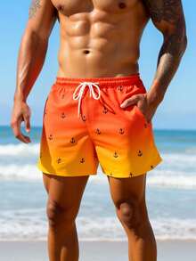 CoralVoy Pantalones cortos de playa con estampado de ancla degradado, cintura con cordón y bolsillo en diagonal, estilo de vacaciones de verano para hombres - Naranja Coral - Ver 5