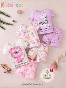 3pcs/Set Cartoon Lion, Giraffe, Zebra Printed Round Neck Short Sleeve Top & Shorts Snug Fit Home Wear For Baby Girls - Multicolor - View 1