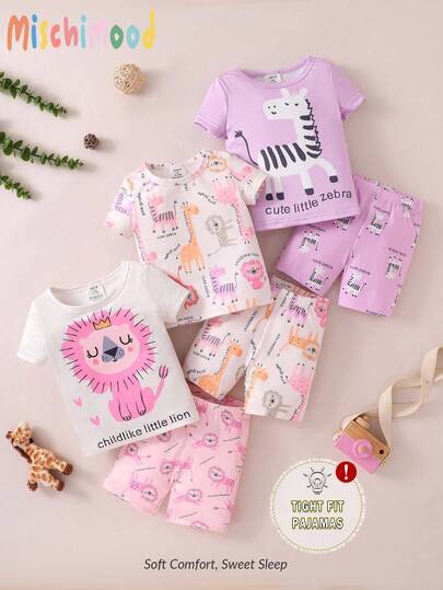 3入組卡通獅子、長頸鹿、斑馬印花圓領短袖上衣和短褲套裝,適用於女嬰居家套裝