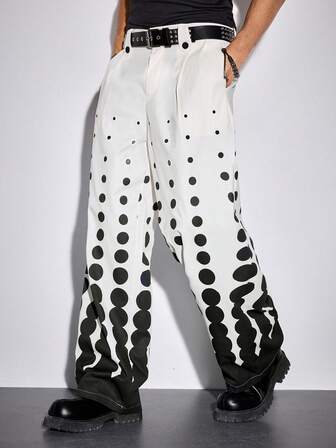 بنطلون رجالي فضفاض بأرجل واسعة مع جيوب بنمط نقاط البولكا