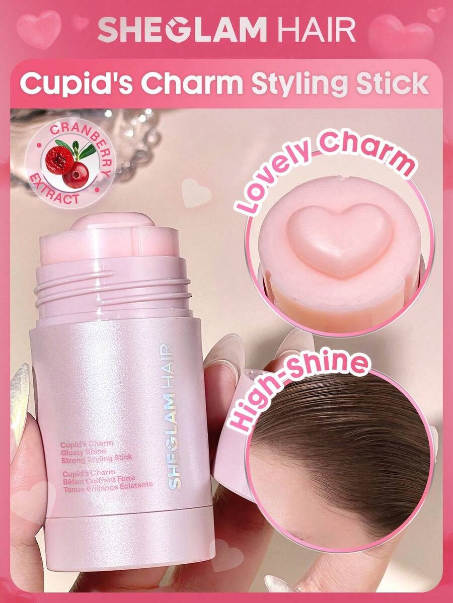 SHEGLAM HAIR Cupid's Charm Glossy Shine Strong Styling Stick,Pink Hair Smooth Wax Stick,Flyaway Hair Control,Elegant Sticks,Long-Lasting Hold,Sleek Look In 1-Swipe,Non-Sticky & Non-Greasy,Flake-Free & Zero White Cast,Cranberry Scent Made For All Hair Types|Straigh,Wavy,Curly,Coily