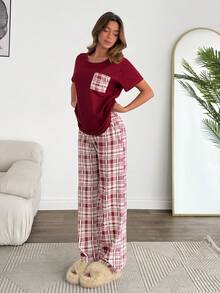 SHEIN Sweetheart Plaid Cotton PJ Set – Cozy Short Sleeve Lounge Essential - Red - View 3