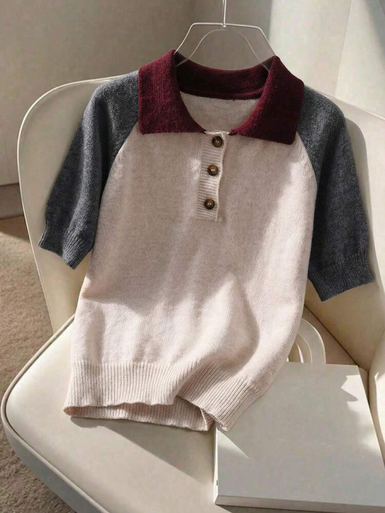 Resyla Camisa de manga corta con cuello polo, contraste de color y solapa, para uso diario o escolar - Multicolor - Añade 3