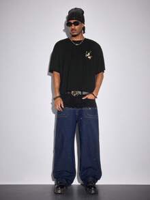 ROMWE MEN Street Life Camiseta de manga corta casual y versátil con cuello redondo y bordado floral para hombre - Negro - Ver 9