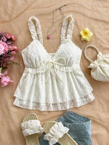 Soleia Áo camisole nữ màu trơn, kiểu dáng thường ngày, có bèo nhún và thắt nơ. - Màu be - Xem 5