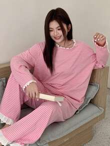 Dazy Plus 2pcs/Set Cute Striped Loose Long Sleeve Top And Long Pants Pajama Set, Pink, Spring/Summer - Pink - View 6