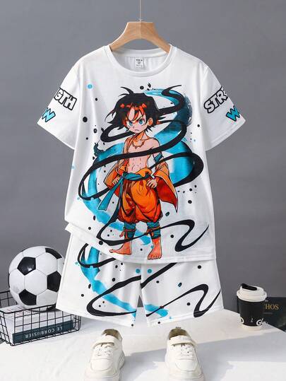 SHEIN 2pcs/Set Tween Boy Street Fashion Casual Graffiti Cartoon Character Print Short Sleeve Crew Neck T-Shirt And Elastic Waist Shorts Set, Suitable For Outdoor Play, School, Street Style, Party And Leisure, Suitable For Autumn, Spring And Summer