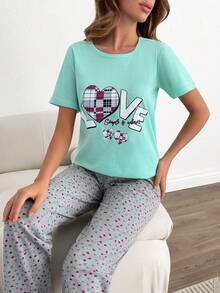 EURMUSE Heart Graphic Pajama Set, Short Sleeve LOVE Print Tee & Allover Heart Pants, Soft Cotton Lounge Co-Ord, Cute Casual Sleepwear, Pastel Y2K Homewear - Trending Picks - White - View 5