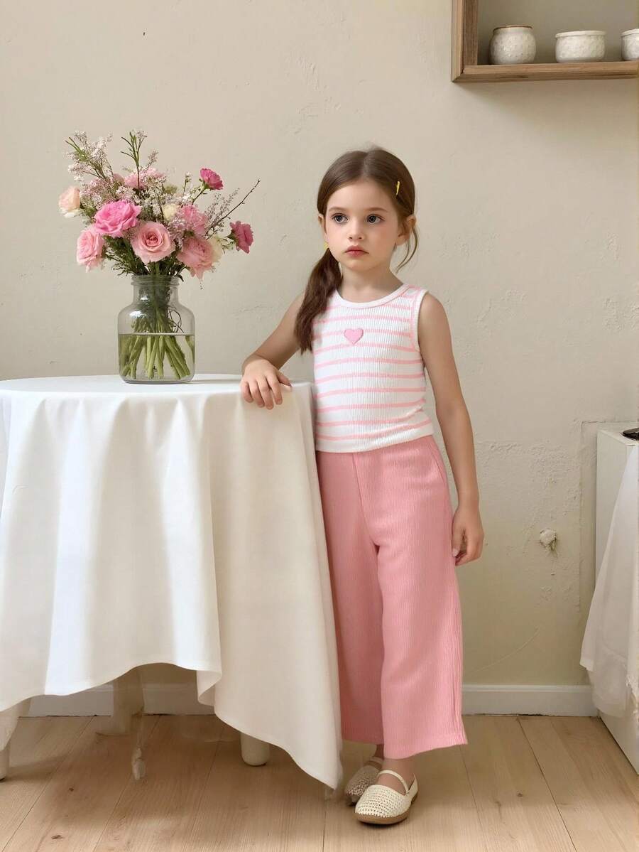 SHEIN Genkimix Kids 2pcs/Set Toddler Girls' Sleeveless Striped Heart Decor Tank Top And Wide Leg Pants, Casual And Comfortable Summer Outfit For Outdoor, Daily Wear And Playtime Pink Striped Top Kids Light Pink Pants Kids Girls Clothes Set - Pink - View 1