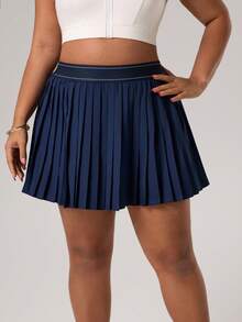 Rhythm Era 加大码藏蓝色高弹力腰褶裥短裙裤，带口袋，休闲百搭 - 藏蓝色 - 查看 4