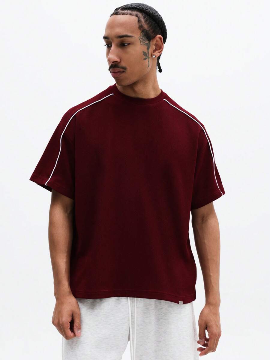 SUMWON Men's Short Sleeve Crew Neck Tee With White Contrast Piping Detail Regular Fit Essentials Top - Burgundy - View 1