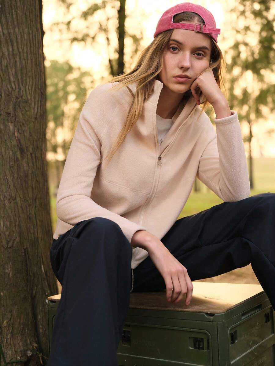 SHEIN In My Nature Women's Casual Minimalist Zip-Up Outdoor Fleece Jacket, Autumn