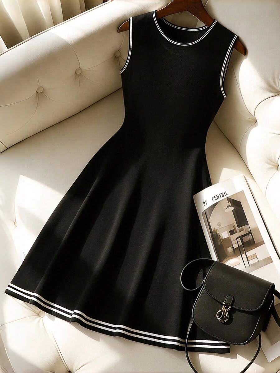 SHEIN Franclia Women's Elegant Waist Cinched Sleeveless Knit Dress, Suitable For Parties And Gatherings - Black - View 1