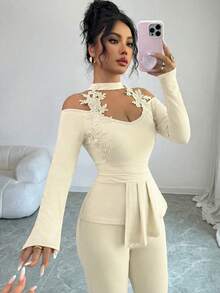 Elenzga Elegant Apricot Women Fall Winter 2-Piece Set,Floral Trim Halter Asymmetric Hem Long Sleeve Top & Flare Pants  Dining Party Banquet Office Date Night - Beige - View 3