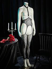 SpicyHot Women's Sexy Lingerie Jumpsuit, Leopard Print Exposed Chest, Extremely Seductive Fishnet - Black - View 1