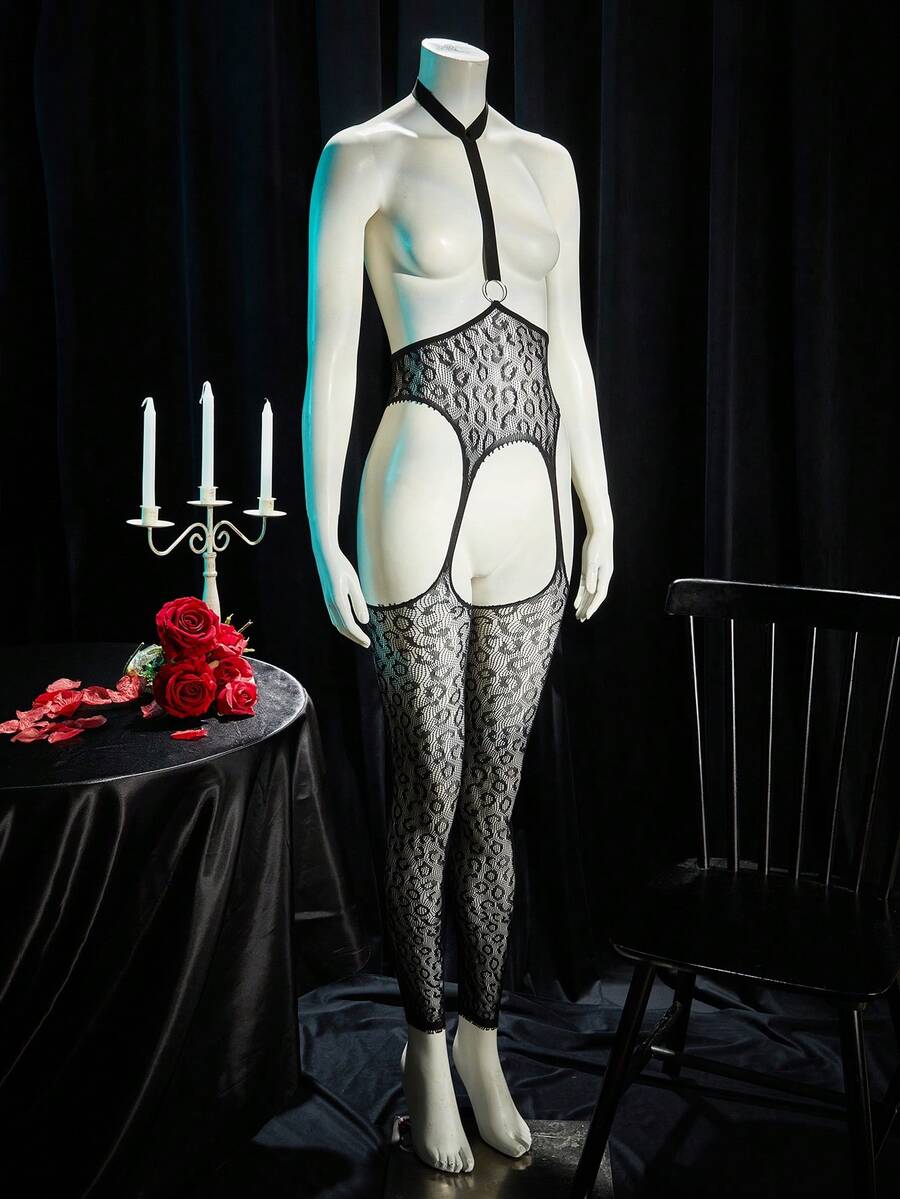 SpicyHot Women's Sexy Lingerie Jumpsuit, Leopard Print Exposed Chest, Extremely Seductive Fishnet - Black - View 1