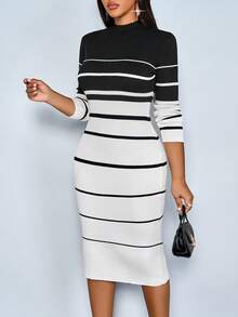 SOLERSUN 女士秋季时尚长袖条纹极简针织中长连衣裙，圆领修身毛衣裙，女士秋季连衣裙，适合日常休闲、约会、派对等场合 - 黑與白 - 查看 8