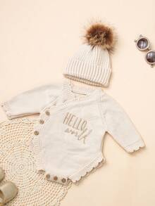 Knitted "Hello World"Embroidery Newborn Baby Romper With Matching Pom Hat Baby Announcement Bodysuit Infant Photography Props Beige Baby Coming Home Outfit Baby Boy Baby Girl Newborn Photography Outfits Boys Newborn Photoshoot Outfit Newborn Costume Hello World Newborn Outfit Newborn Knit Outfit - Apricot - View 4
