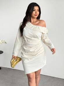 Firerie 大码女式纯色斜肩褶皱设计长袖时尚连衣裙 - 米色 - 查看 7