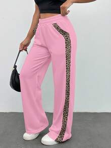 Leopard Trim Belly Detailed Long Wide Leg Black Pants - Baby Pink - View 7
