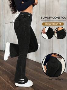 SHEIN PETITE 女士休闲喇叭牛仔裤 - 黑色 - 查看 1