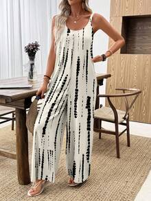 EMERY ROSE Women's Beige Tie-Dye Wide-Leg Jumpsuit, Vacation Beach Cruise Boho Music Festival Concert Wedding Guest City Trip Island Wear, Summer Outerwear Sleeveless Overalls Country Music Concert Outfit Spring - Multicolor - View 2