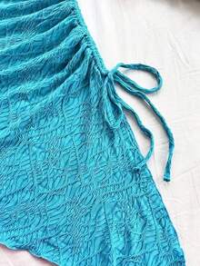 INAWLY Women's Summer Sexy Vacation Style Solid Color Textured Fabric Asymmetrical Hem Drawstring Ruched Twist Front Halter Bodycon Dress - Baby Blue - View 3