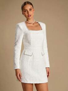 Enchnt Elegant Fitted Square Neck Long Sleeve Dress For Women - White - View 5