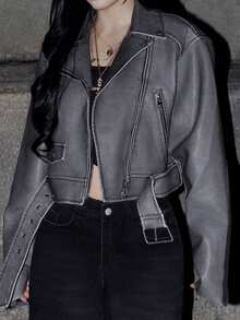 Fashion Zip Up Belted Crop Moto Jacket Fall Winter Cloth For Women - Grey - View 3