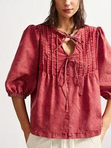 Bohemela 女士休闲度假前系结灯笼袖褶皱娃娃衫，春夏秋季 - 紅木色 - 查看 4