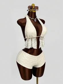 Zestiva Conjunto de biquíni feminino com top e calcinha de modelagem hipster, em tecido especial, com amarração frontal, laço e detalhe de estrela-do-mar. - Bege - Ver 4