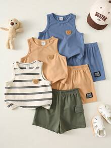 SHEIN Bộ 6 món quần áo trẻ em unisex, bộ đồ mùa hè dễ thương gồm áo len hình gấu hoạt hình và quần đùi kẻ sọc, trang phục cơ bản nhiều màu sắc, thích hợp cho kỳ nghỉ. - Nhiều màu - Xem 4
