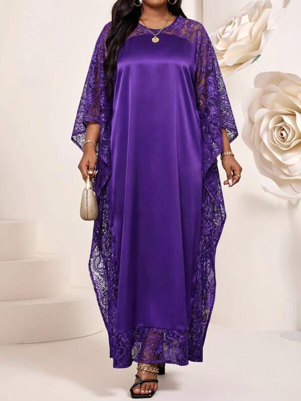 Fleurora 大码女士优雅派对连衣裙，缎面拼接薄纱蕾丝蝙蝠袖宽松连衣裙