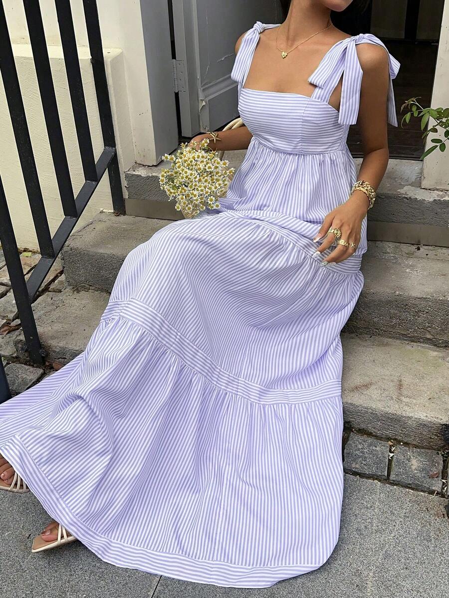 Sunnyshic Đầm maxi xòe không tay, cổ vuông, eo cao, phối màu sọc xanh dương, hở lưng, buộc dây, gợi cảm, thích hợp cho mùa xuân/hè. - Xanh và trắng - Xem 1