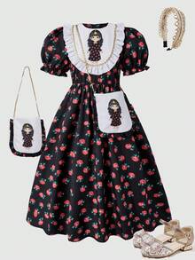 Cute Tween Girls Black Flared Long A Line Dress With Half Puff Sleeves And Round Neck Graphic Print Floral Pattern For Sisters Matching - Black - View 6