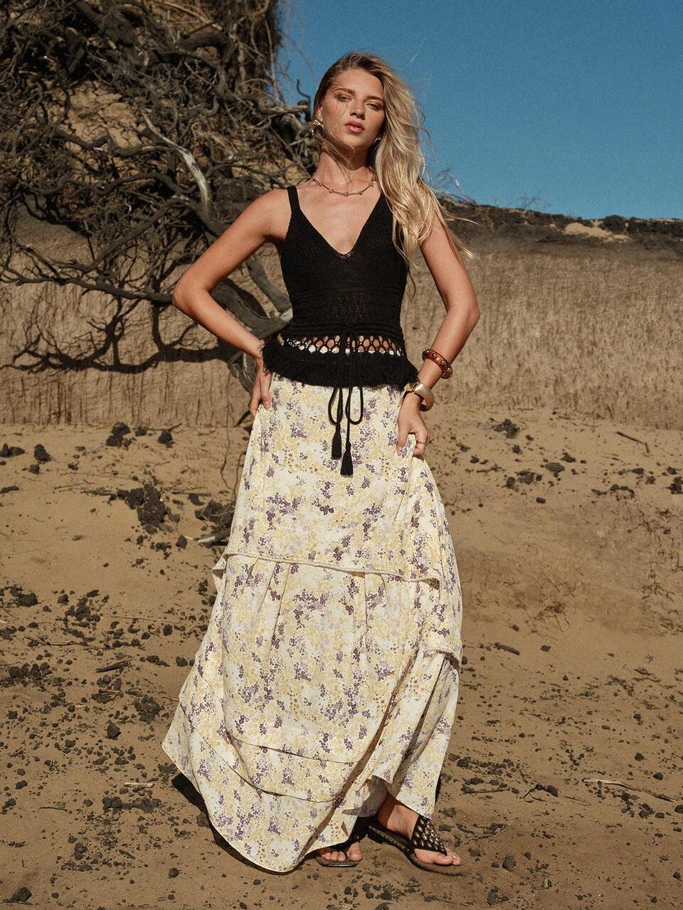 MOTF STUDIO WOMEN'S PRINTED PATCHWORK BEADED TASSEL SKIRT, SPRING/SUMMER