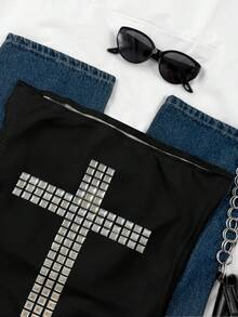 Attitoon 复古水钻十字装饰抽绳系带露脐吊带背心，适合春夏穿着，风格包括复古、休闲、性感、可爱、Y2K、椰子女孩、波西米亚风、度假、春假、早午餐、浅蓝色、闺蜜旅行、霓虹海滩风、波西米亚风、嬉皮风、音乐节、夏季等。 - 彩色 - 查看 5