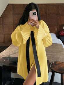 SHEIN PariChic Women's Loose Pleated Long Sleeve Contrast Collar Blouse - Yellow - View 3