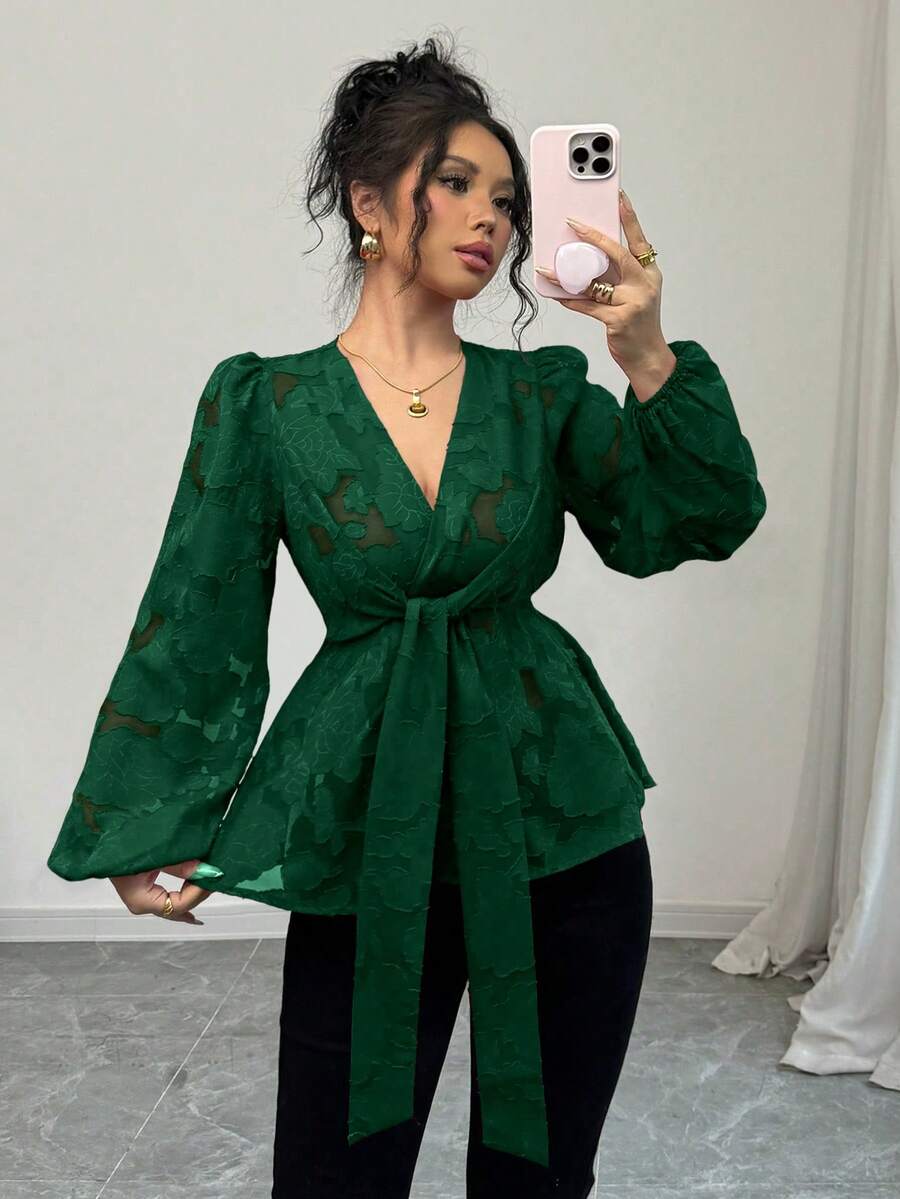 Elenzga Women's Red Chiffon Cut-Out Rose Pattern Long Sleeve Blouse Peplum Top - Dark Green - View 1