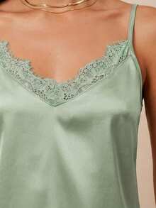 Amorya Áo hai dây nữ màu xanh satin thanh lịch với cổ áo ren, đa năng cho mùa xuân/hè hoặc mặc lót bên trong áo khoác vào mùa thu/đông. - Màu xanh Bạc hà - Xem 5