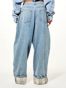 SUMWON WOMEN 宽松桶形翻边褶裥格纹下摆高腰阔腿牛仔裤，复古水洗效果 - 藍色 - 查看 2