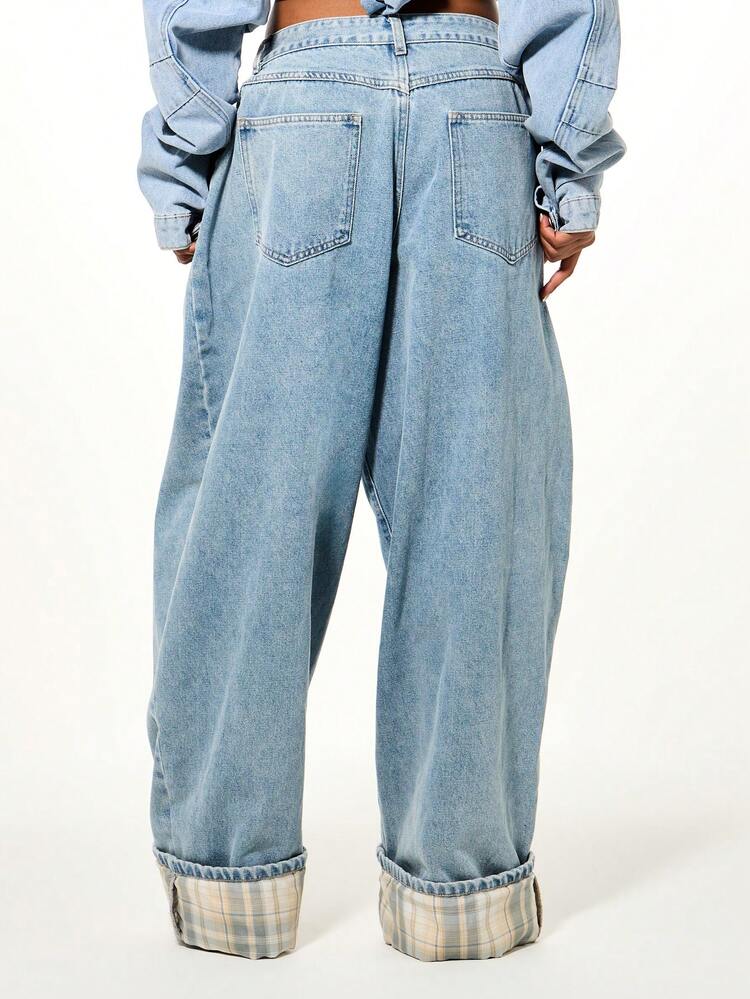 SUMWON Slouchy Barrel Turn Up Cuff Pleated Check Hem Detail High Waisted Wide Leg Denim Jeans With Vintage Wash