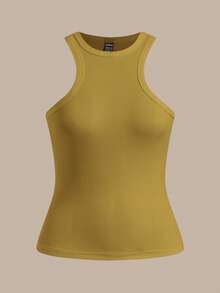 SHEIN BASICS Women's Casual Solid Color Knit Ribbed Crew Neck Fitted Tank Top - Yellow - View 7
