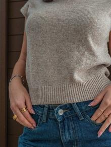 Hitanina 优雅高领宽松休闲百搭无袖针织毛衣背心外出上衣女秋冬上学上衣 - 杏色 - 查看 4