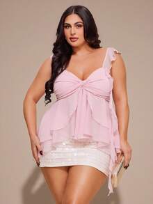 SHEIN BAE 大码女式不对称荷叶边下摆上衣，粉色，情人节性感款 - 粉色 - 查看 4