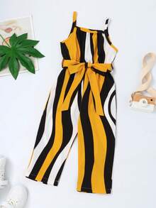 SHEIN Young Girl Striped Print Belted Cami Jumpsuit - Multicolor - View 3