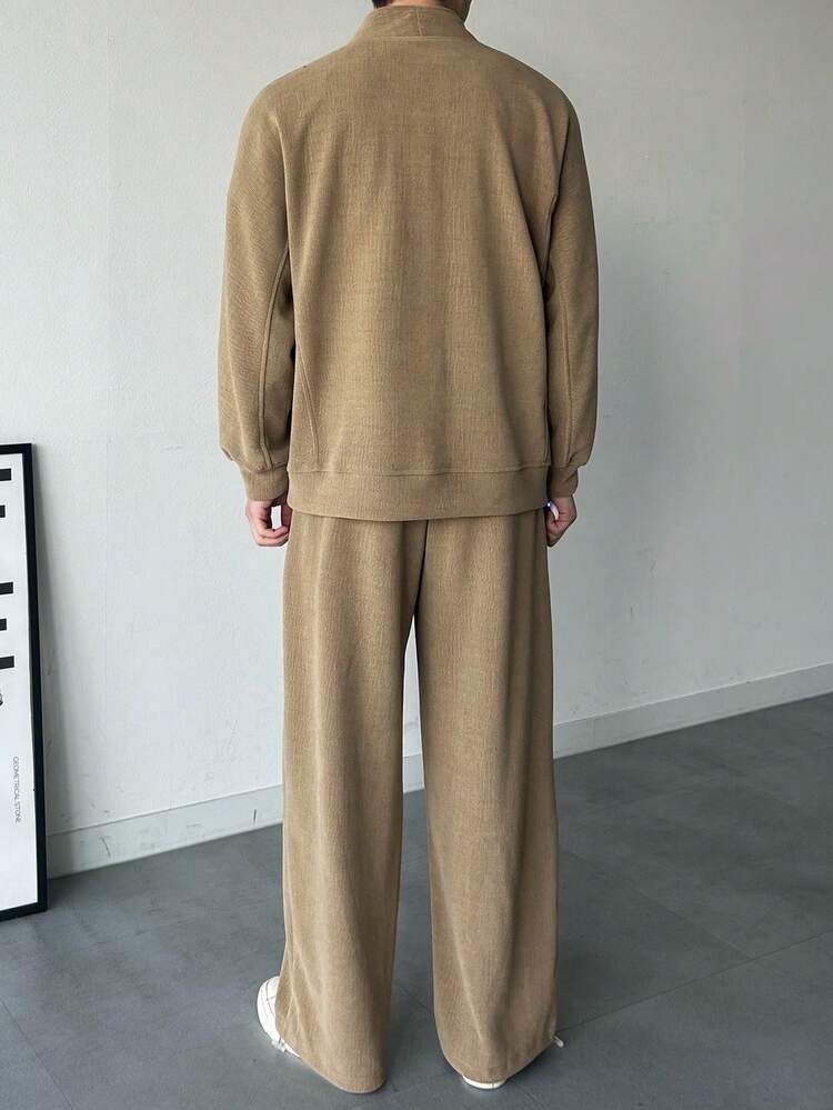 Men's Casual Everyday Commute Simple Solid Color Half-Zip Sweatshirt And Sweatpants Set, Spring/Autumn