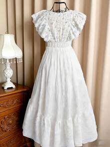 Flirla White Summer Curve Party Elegant French Retro Textured Ruffle Patchwork Ditsy Floral Tea Length Dress,Soft Ruched Collar,Flutter Sleeves,Waist Cinched - Multicolor - View 2